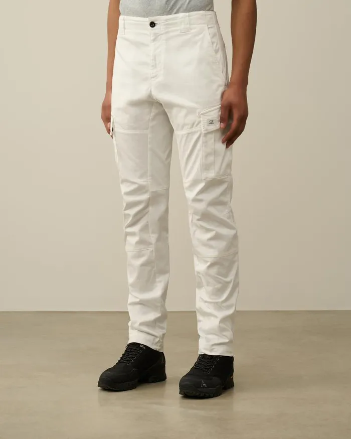 Man Stretch Sateen Ergonomic Logo Cargo Pants Gauze White CP Company Trousers