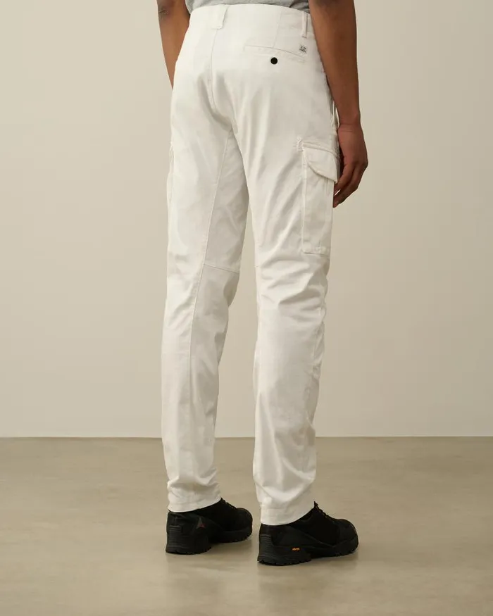 Man Stretch Sateen Ergonomic Logo Cargo Pants Gauze White CP Company Trousers