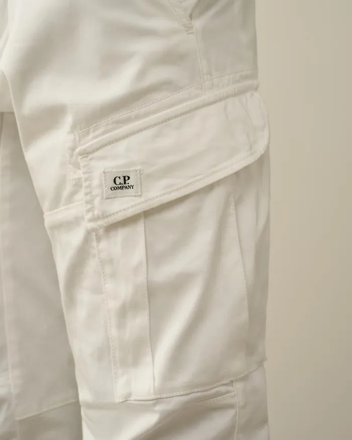 Man Stretch Sateen Ergonomic Logo Cargo Pants Gauze White CP Company Trousers