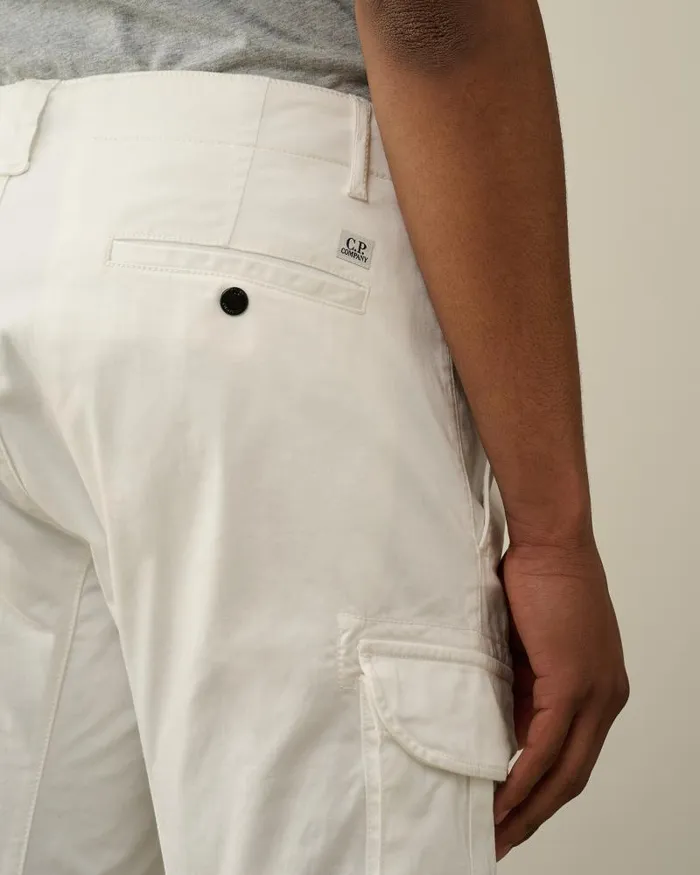 Man Stretch Sateen Ergonomic Logo Cargo Pants Gauze White CP Company Trousers