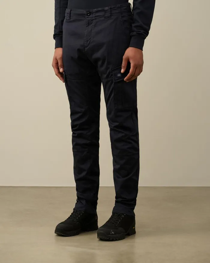 Man Stretch Sateen Ergonomic Logo Cargo Pants Total Eclipse 8211 Blue CP Company Trousers