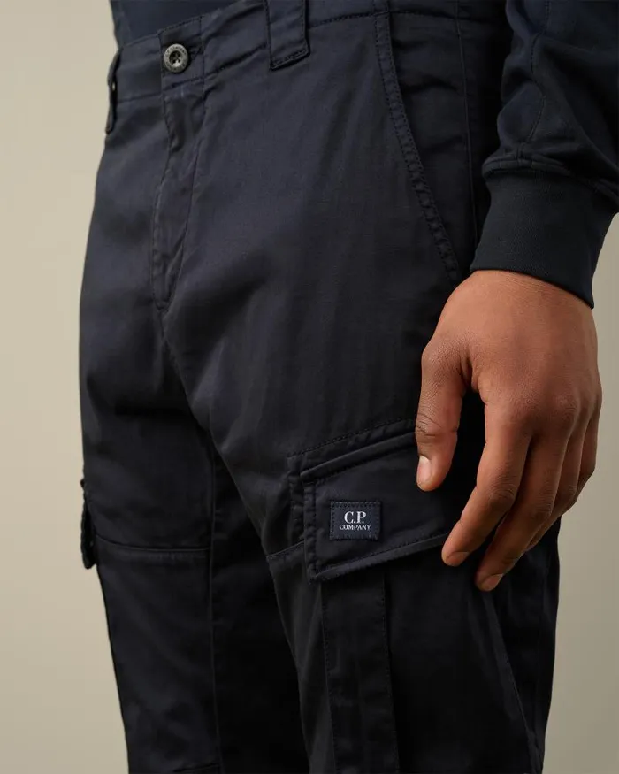 Man Stretch Sateen Ergonomic Logo Cargo Pants Total Eclipse 8211 Blue CP Company Trousers