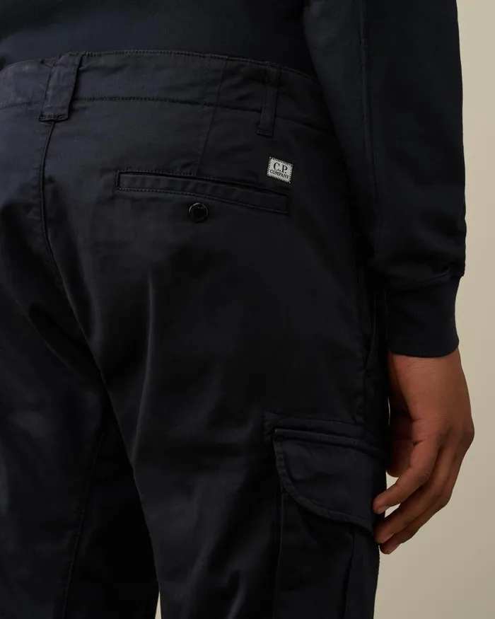 Man Stretch Sateen Ergonomic Logo Cargo Pants Total Eclipse 8211 Blue CP Company Trousers