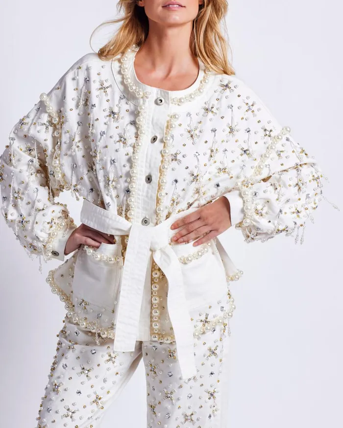 Matching Sets Women Patbo Beaded Denim Jacket White
