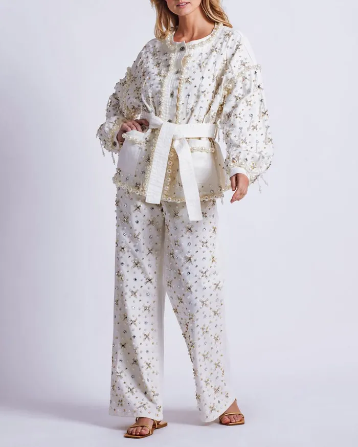 Matching Sets Women Patbo Beaded Denim Jacket White