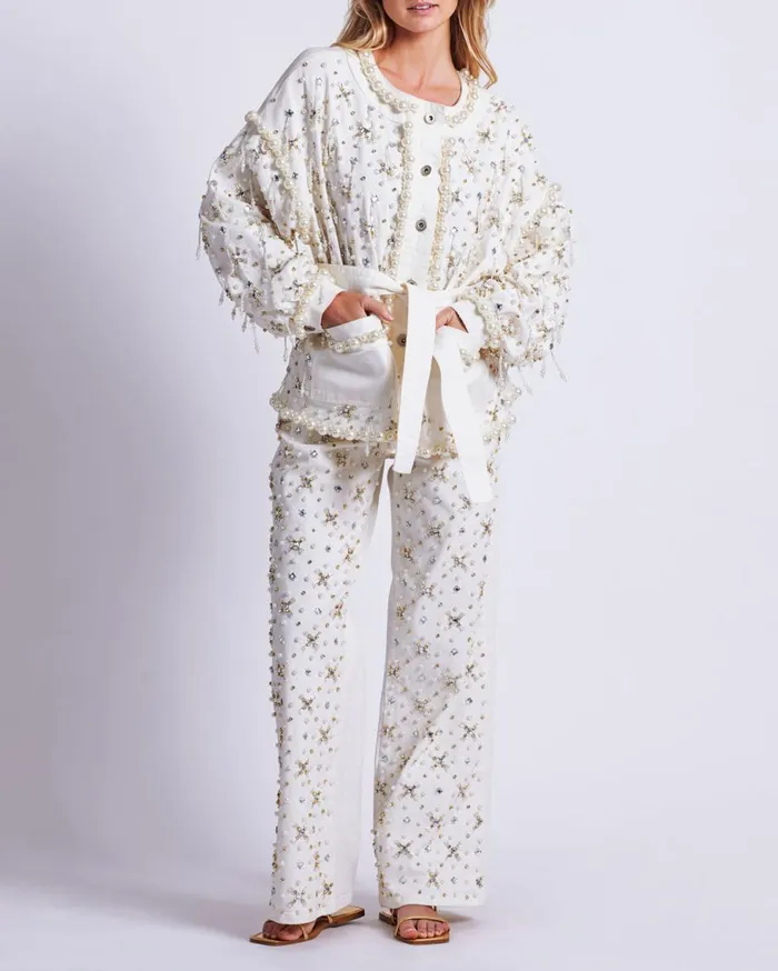 Matching Sets Women Patbo Beaded Denim Jacket White