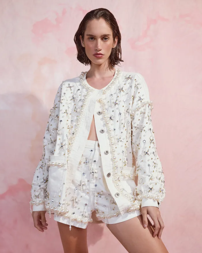 Matching Sets Women Patbo Beaded Denim Jacket White
