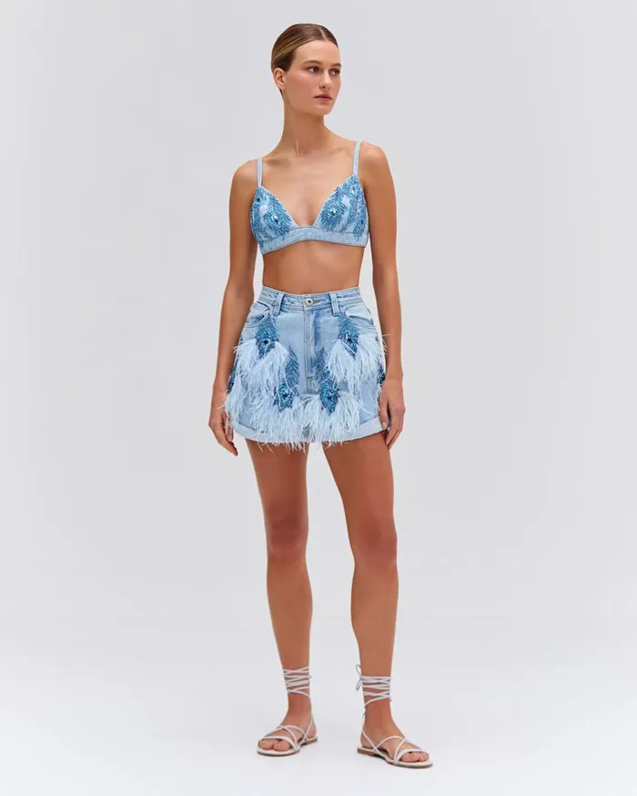 Matching Sets Women Patbo Beaded Feather Denim Shorts Denim