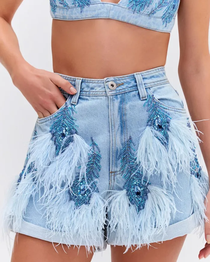 Matching Sets Women Patbo Beaded Feather Denim Shorts Denim