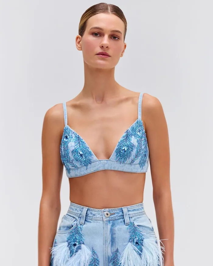 Matching Sets Women Patbo Beaded Feather Denim Shorts Denim