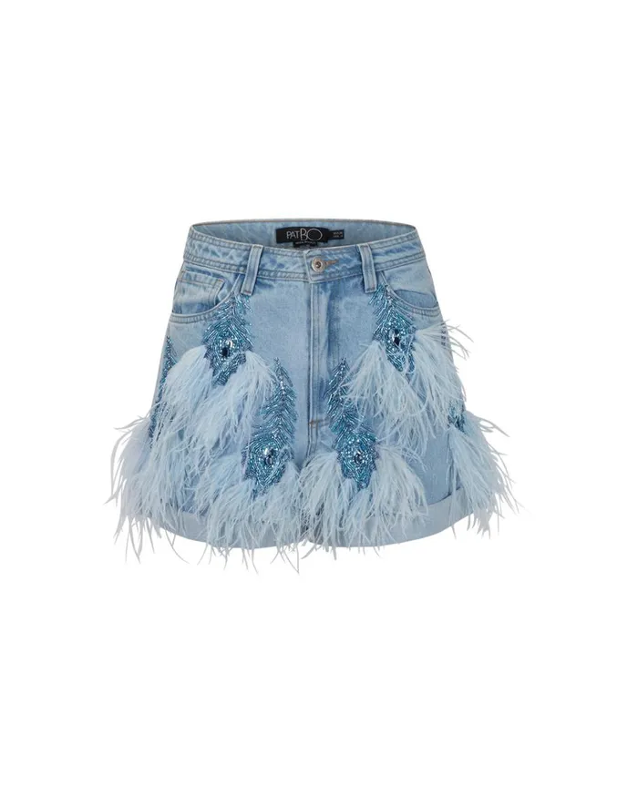 Matching Sets Women Patbo Beaded Feather Denim Shorts Denim