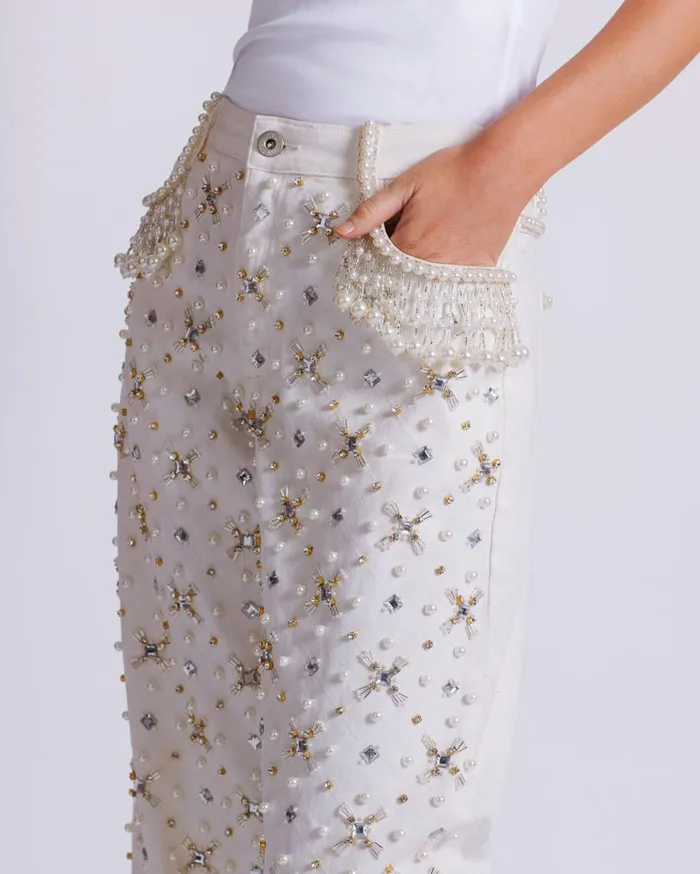 Matching Sets Women Patbo Beaded Wide Leg Jeans White