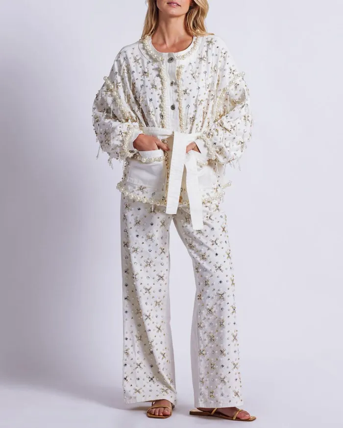 Matching Sets Women Patbo Beaded Wide Leg Jeans White