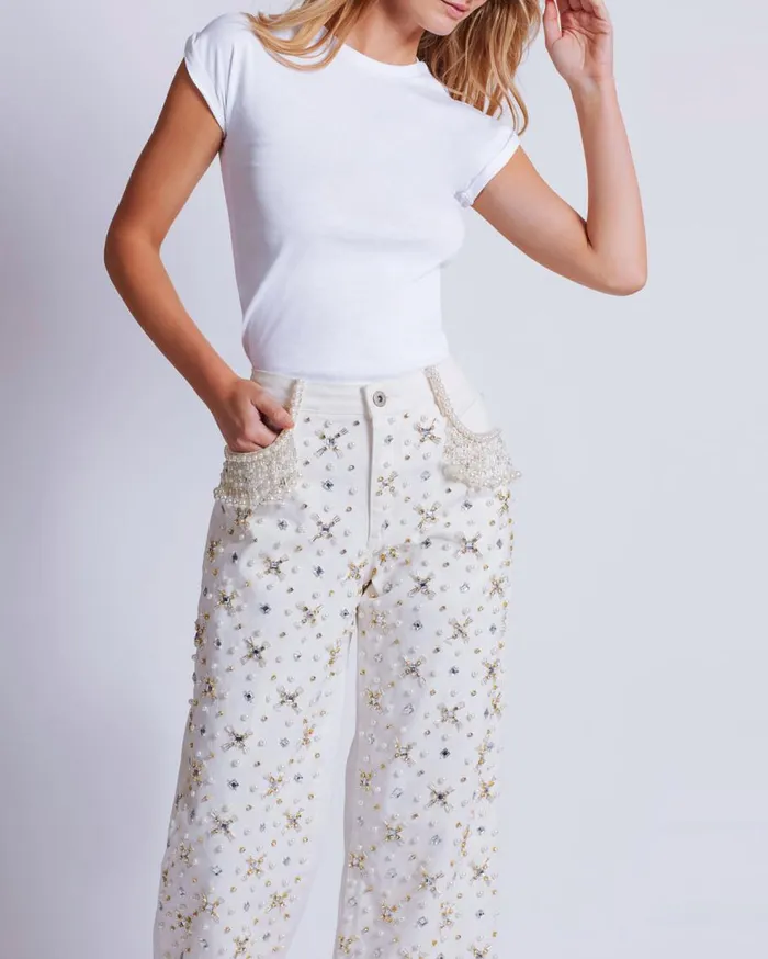 Matching Sets Women Patbo Beaded Wide Leg Jeans White