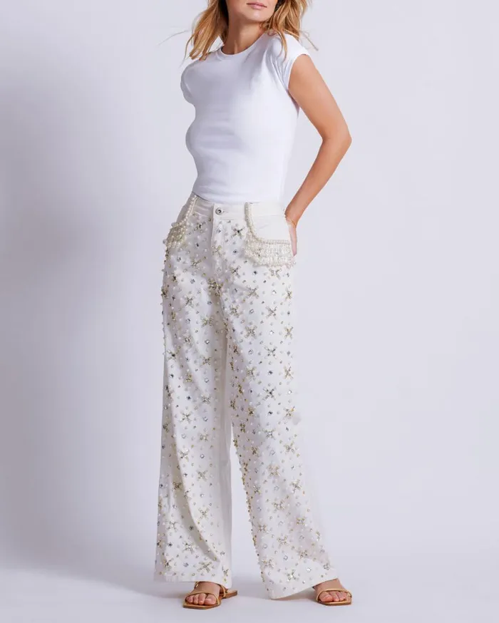Matching Sets Women Patbo Beaded Wide Leg Jeans White