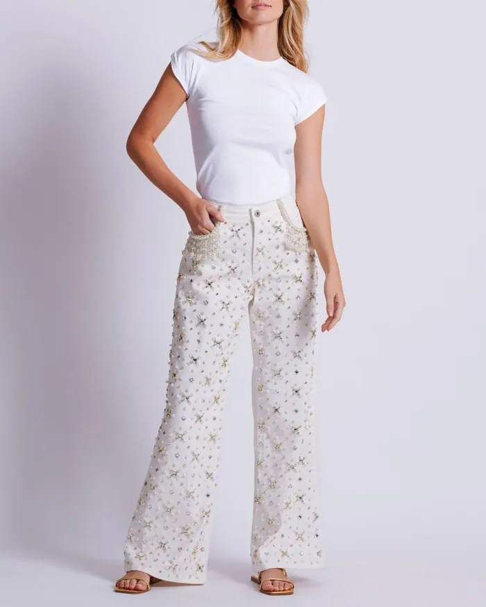 Matching Sets Women Patbo Beaded Wide Leg Jeans White