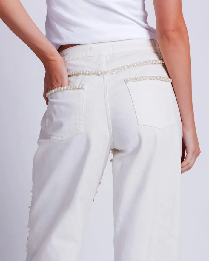 Matching Sets Women Patbo Beaded Wide Leg Jeans White