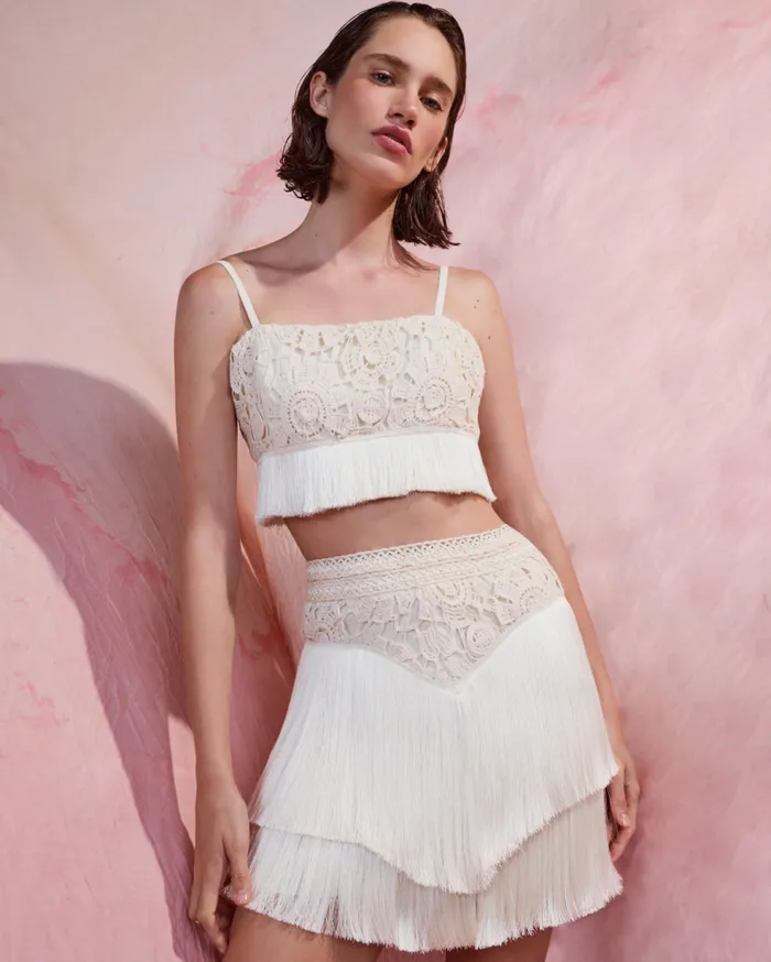 Matching Sets Women Patbo Crochet Fringe Cropped Top Wheat