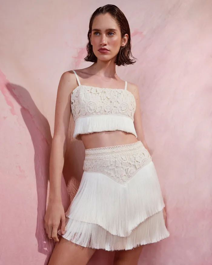 Matching Sets Women Patbo Crochet Fringe Mini Skirt Wheat