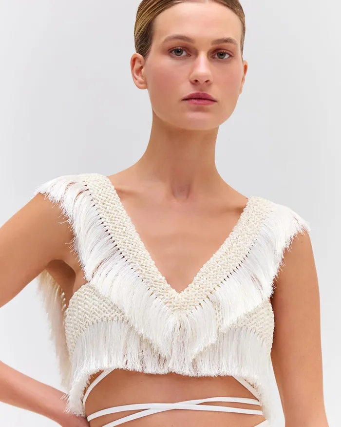 Matching Sets Women Patbo Fringe Trim Cropped Top Bone