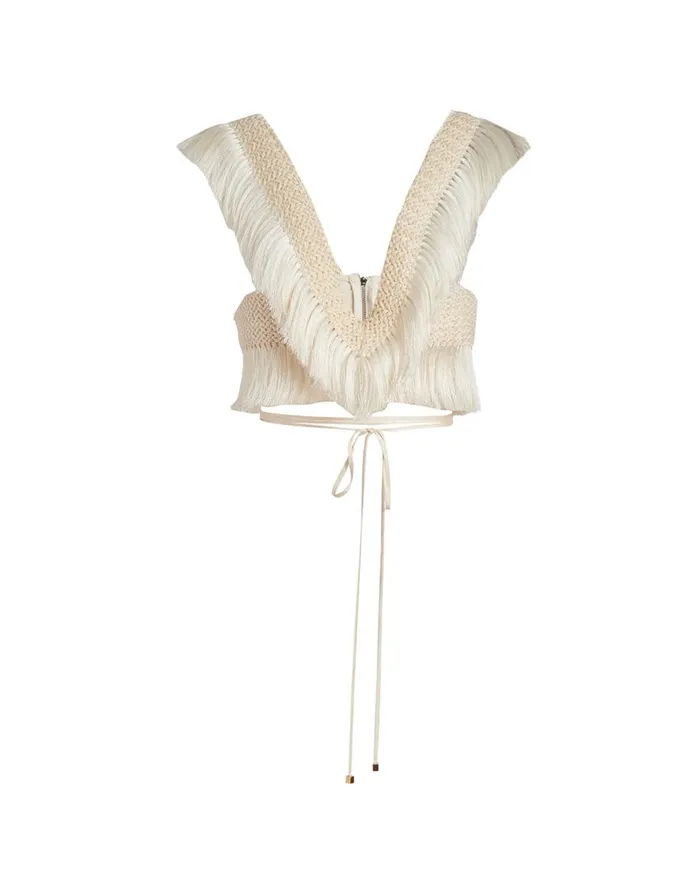 Matching Sets Women Patbo Fringe Trim Cropped Top Bone