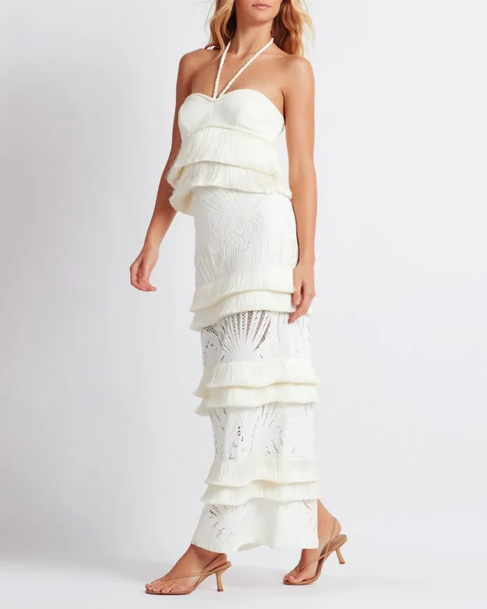 Matching Sets Women Patbo Fringe Trim Lace Maxi Skirt Ivory