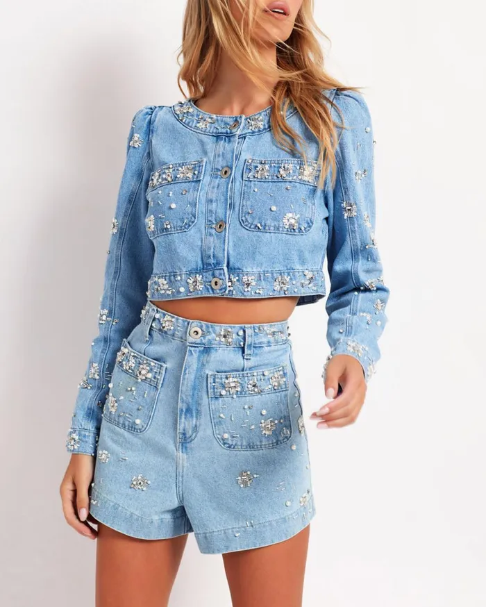 Matching Sets Women Patbo HandBeaded Cropped Denim Jacket Denim