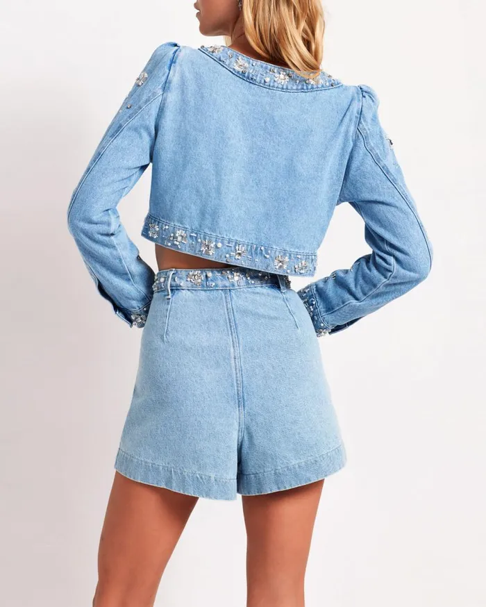 Matching Sets Women Patbo HandBeaded Cropped Denim Jacket Denim