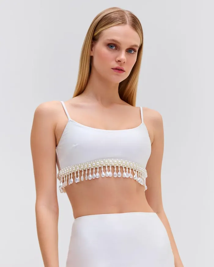 Matching Sets Women Patbo HandBeaded Cropped Top White