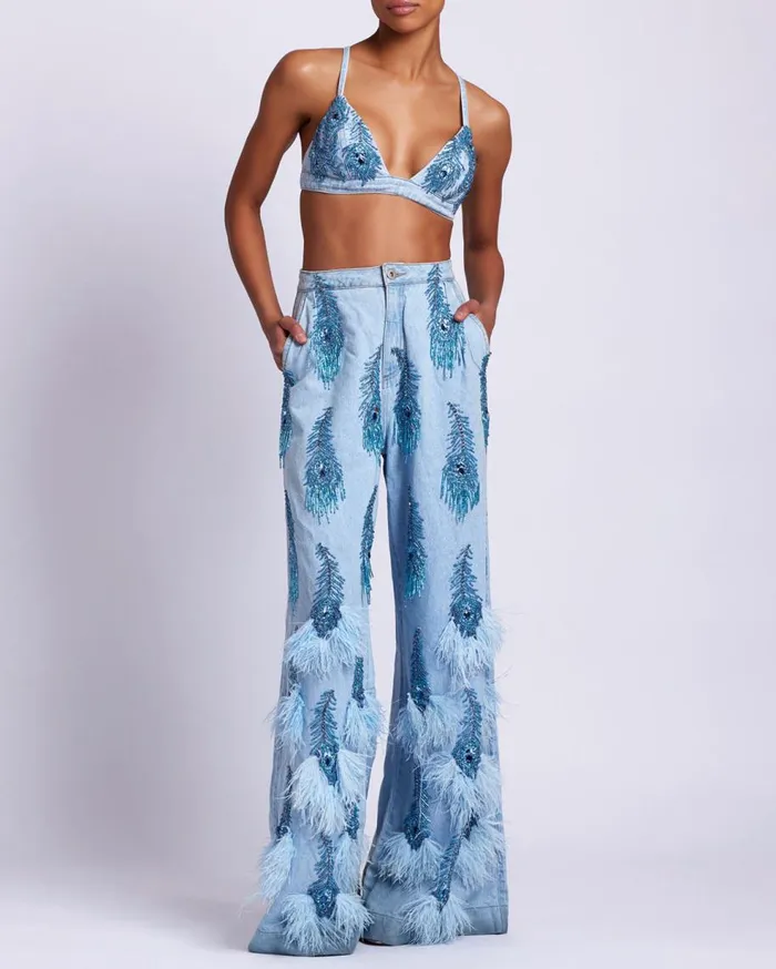 Matching Sets Women Patbo HandBeaded Denim And Feather Jeans Denim