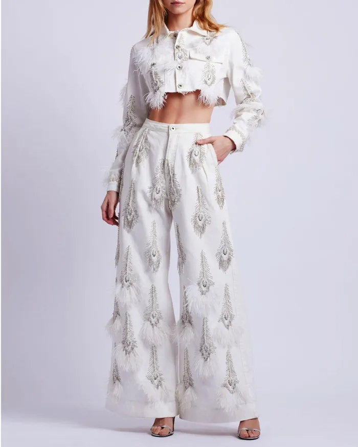 Matching Sets Women Patbo HandBeaded Denim And Feather Jeans White