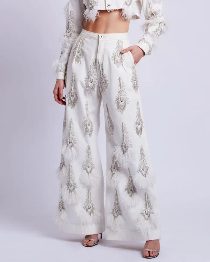 Matching Sets Women Patbo HandBeaded Denim And Feather Jeans White