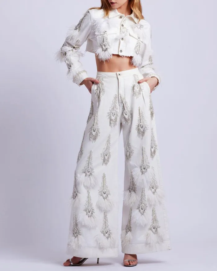 Matching Sets Women Patbo HandBeaded Denim And Feather Jeans White