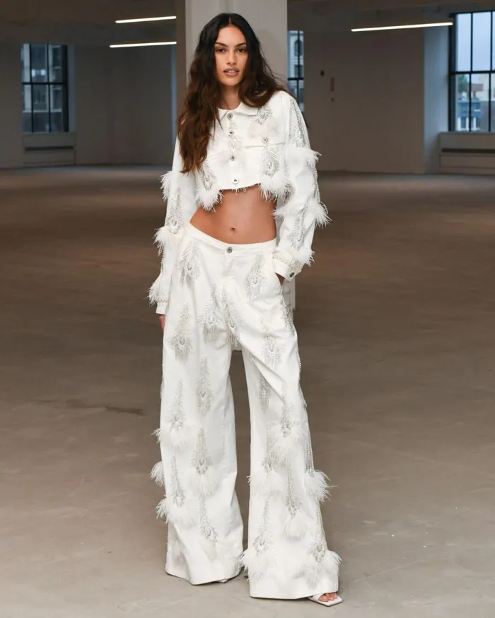 Matching Sets Women Patbo HandBeaded Denim And Feather Jeans White