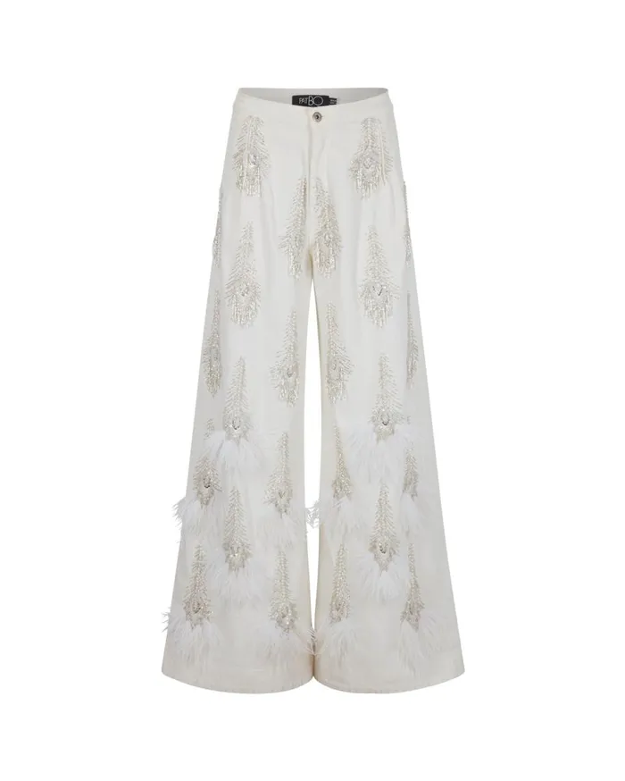 Matching Sets Women Patbo HandBeaded Denim And Feather Jeans White