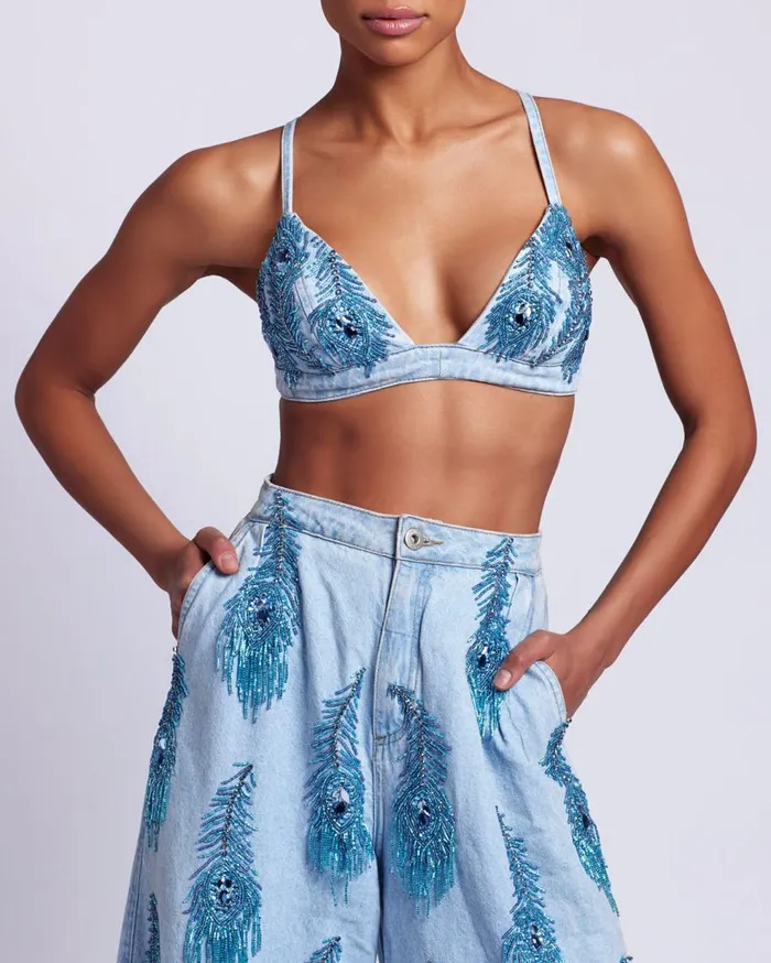 Matching Sets Women Patbo HandBeaded Denim Bralette Denim