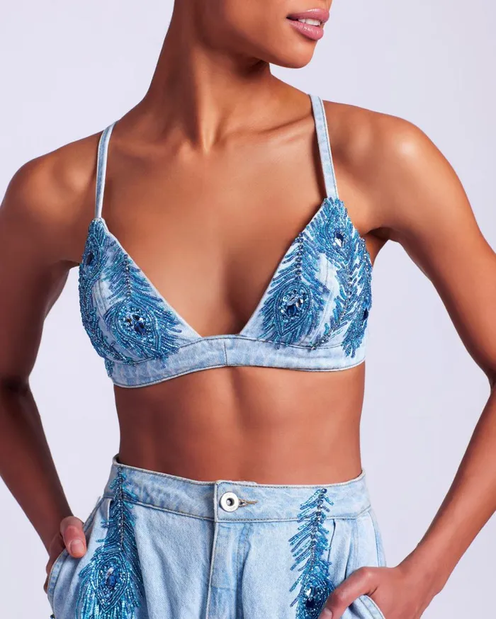 Matching Sets Women Patbo HandBeaded Denim Bralette Denim