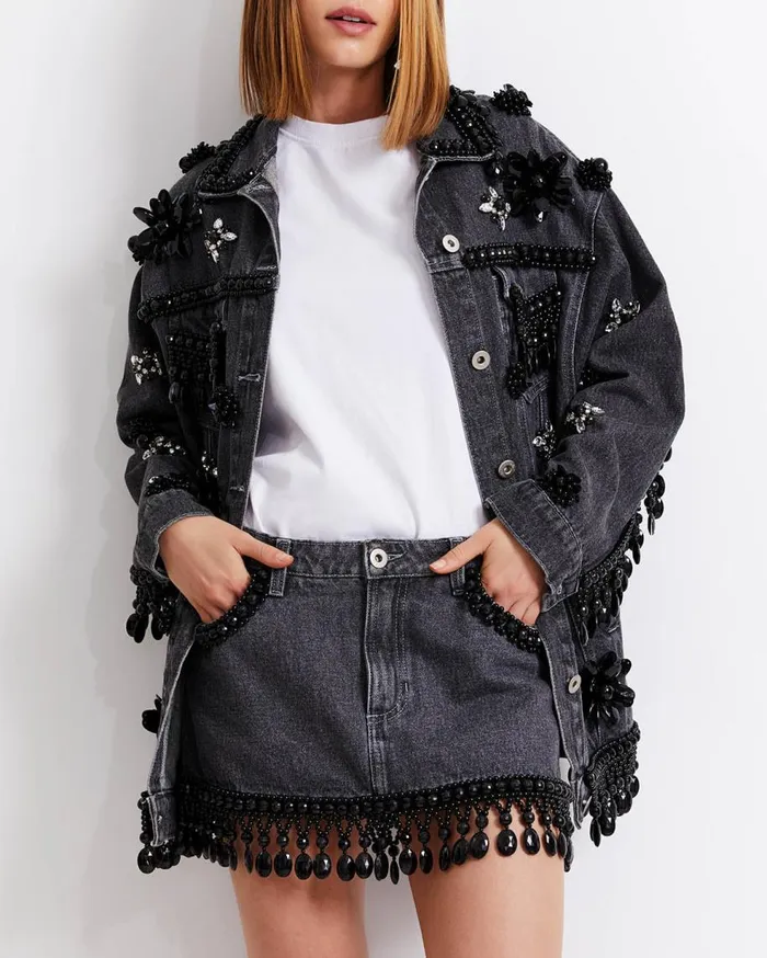 Matching Sets Women Patbo HandBeaded Denim Jacket Black