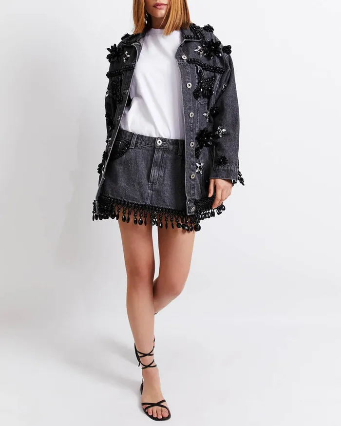 Matching Sets Women Patbo HandBeaded Denim Jacket Black
