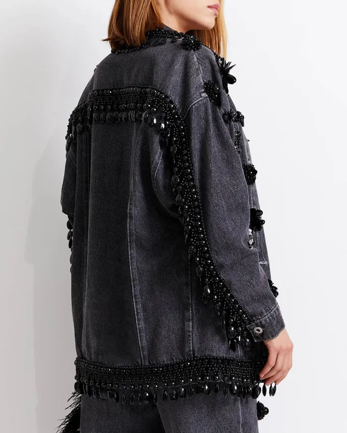 Matching Sets Women Patbo HandBeaded Denim Jacket Black