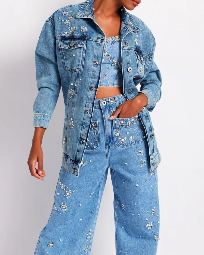 Matching Sets Women Patbo HandBeaded Denim Jacket Denim