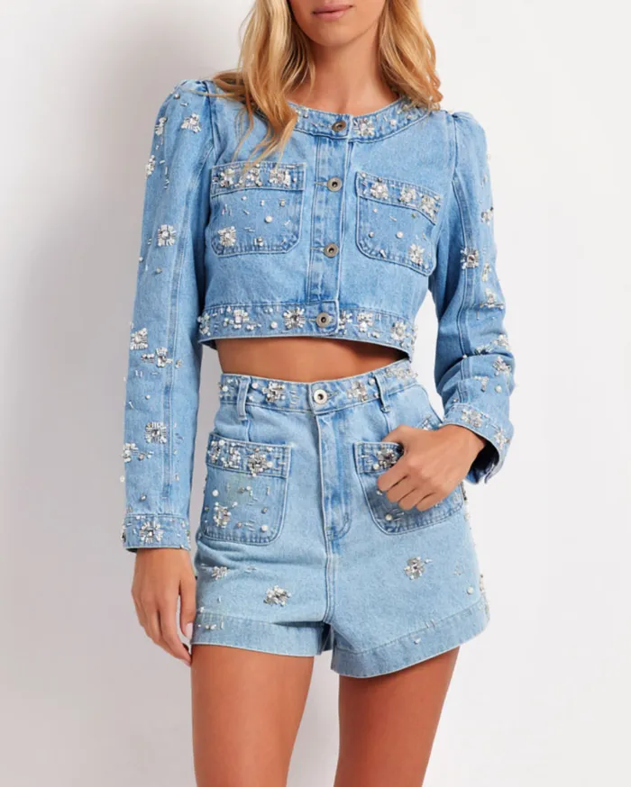 Matching Sets Women Patbo HandBeaded Denim Shorts Denim