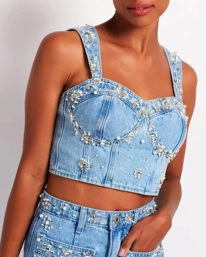 Matching Sets Women Patbo HandBeaded Denim Top Denim