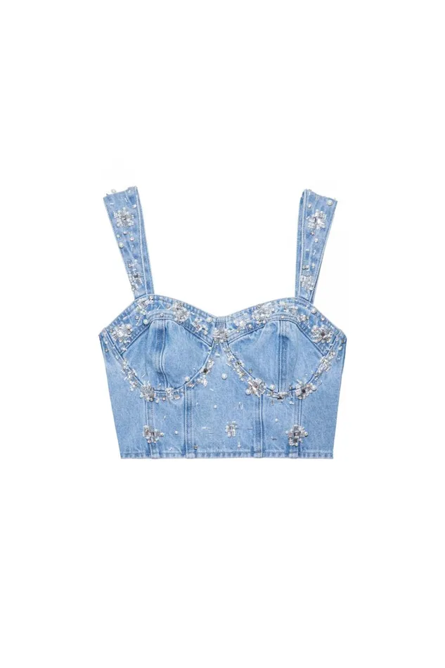 Matching Sets Women Patbo HandBeaded Denim Top Denim