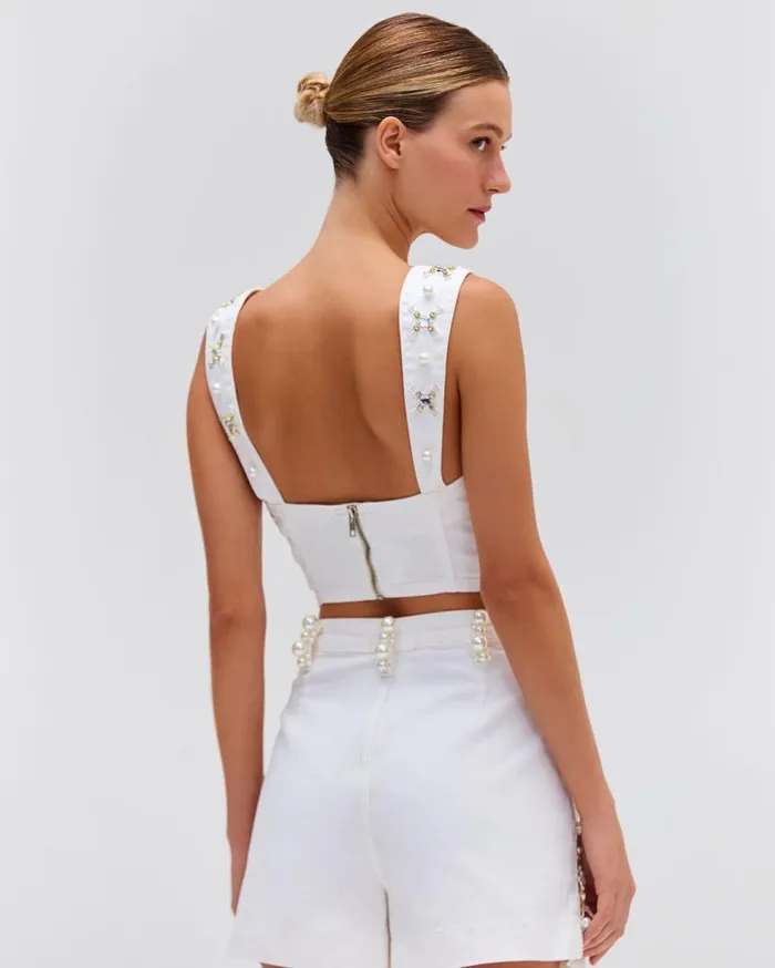 Matching Sets Women Patbo HandBeaded Denim Top White