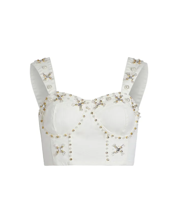 Matching Sets Women Patbo HandBeaded Denim Top White