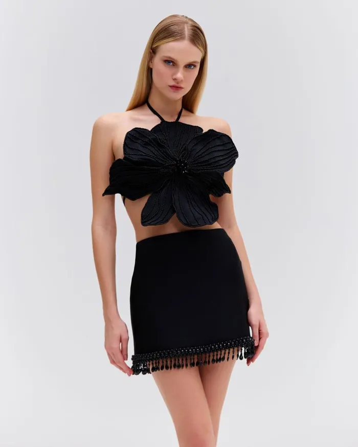 Matching Sets Women Patbo HandBeaded Flower Top Black
