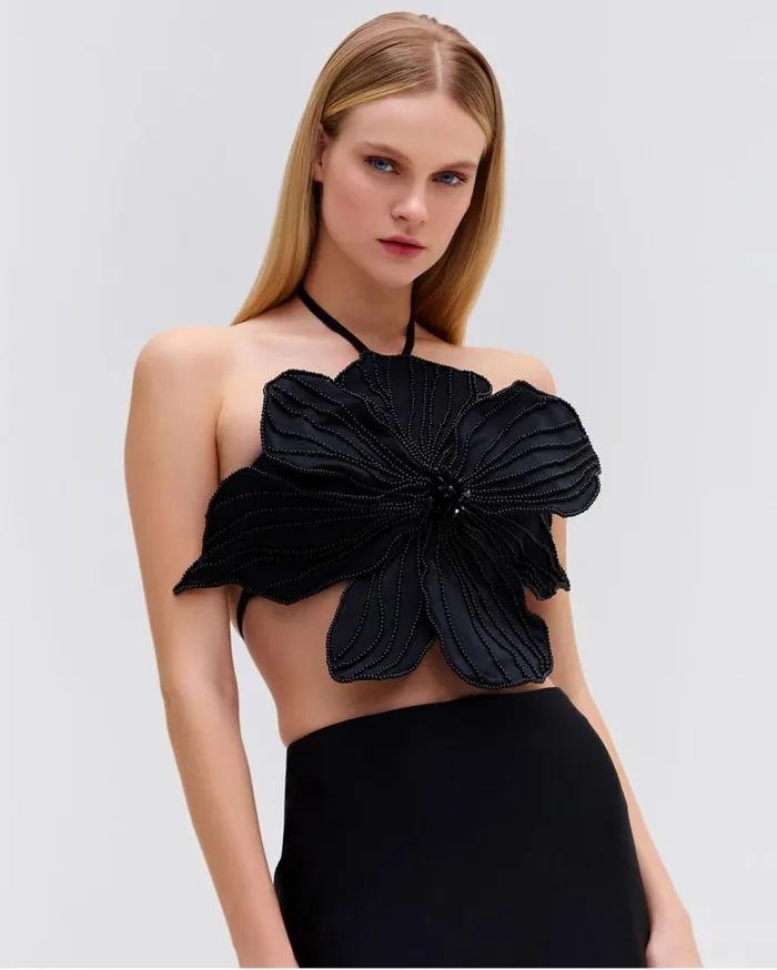 Matching Sets Women Patbo HandBeaded Flower Top Black