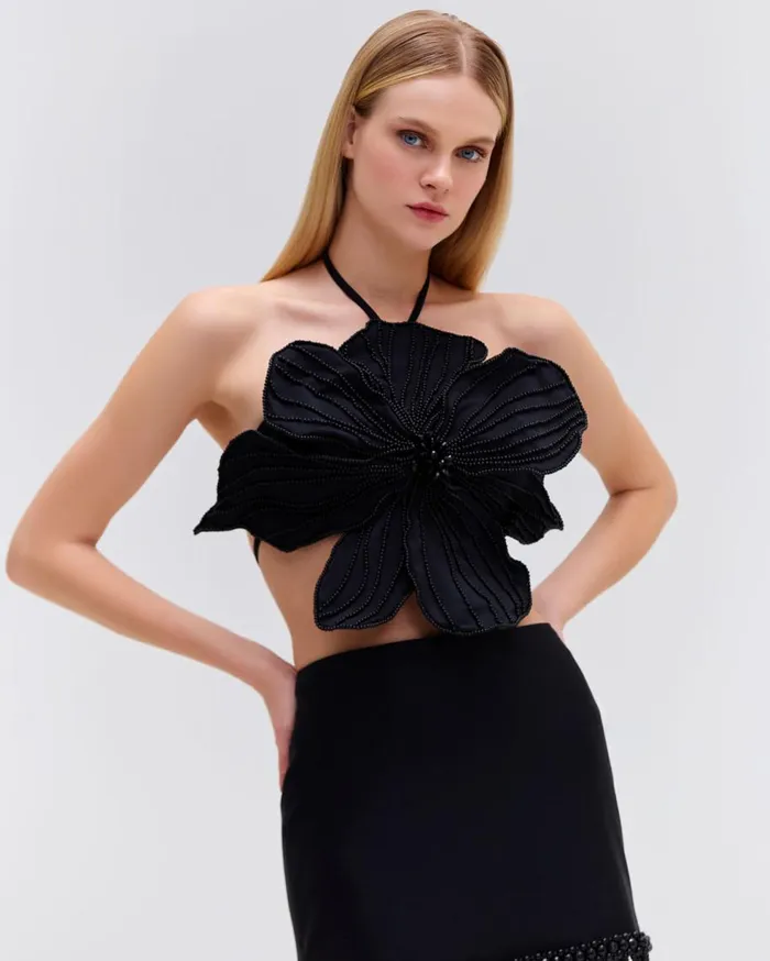 Matching Sets Women Patbo HandBeaded Flower Top Black