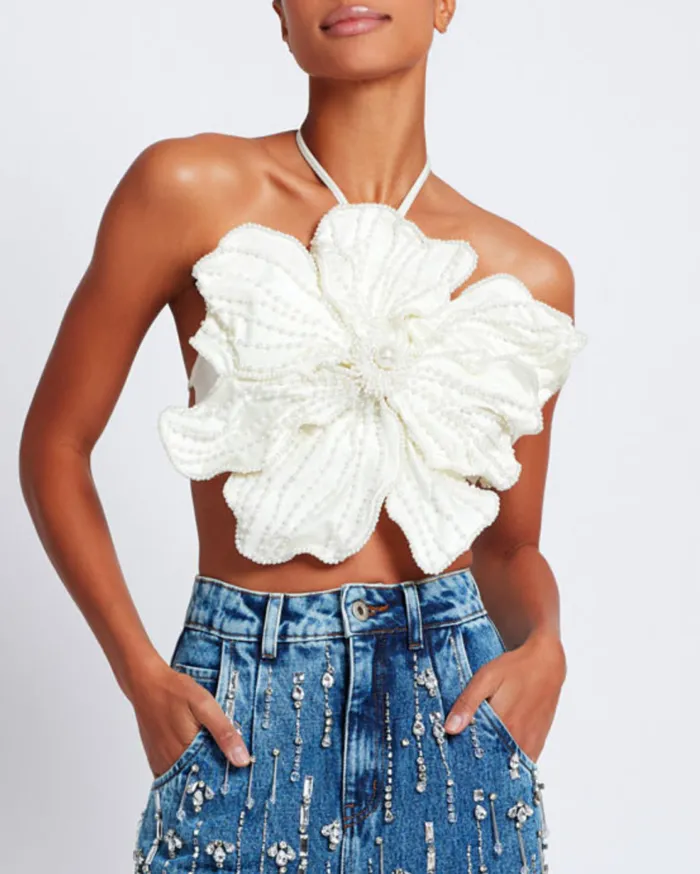 Matching Sets Women Patbo HandBeaded Flower Top White